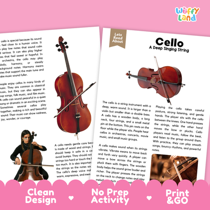 Teacher answer key page showing complete question solutions for Cello music education reading comprehension practice