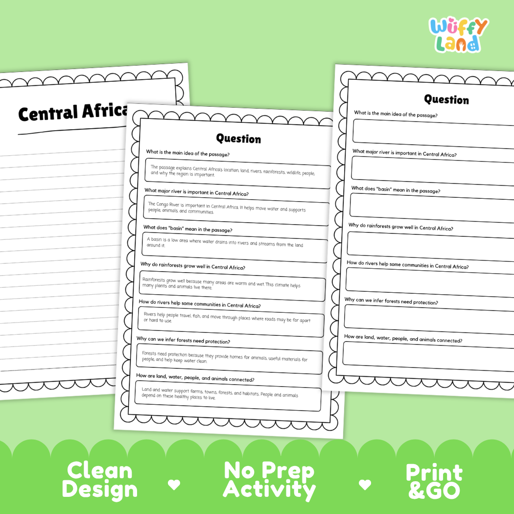 Informational reading passage page detailing Central Africa geography Congo Basin rainforests rivers wildlife and communities with photos