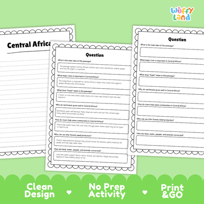 Informational reading passage page detailing Central Africa geography Congo Basin rainforests rivers wildlife and communities with photos