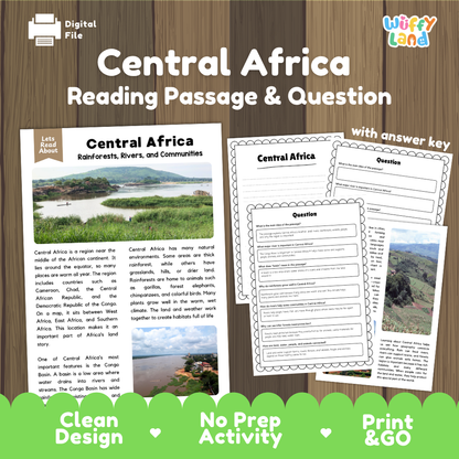 Central Africa reading comprehension passage and questions printable activity pack with answer key for elementary students