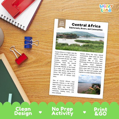 Student reading comprehension worksheet with short-answer questions and lined sections about Central Africa geography