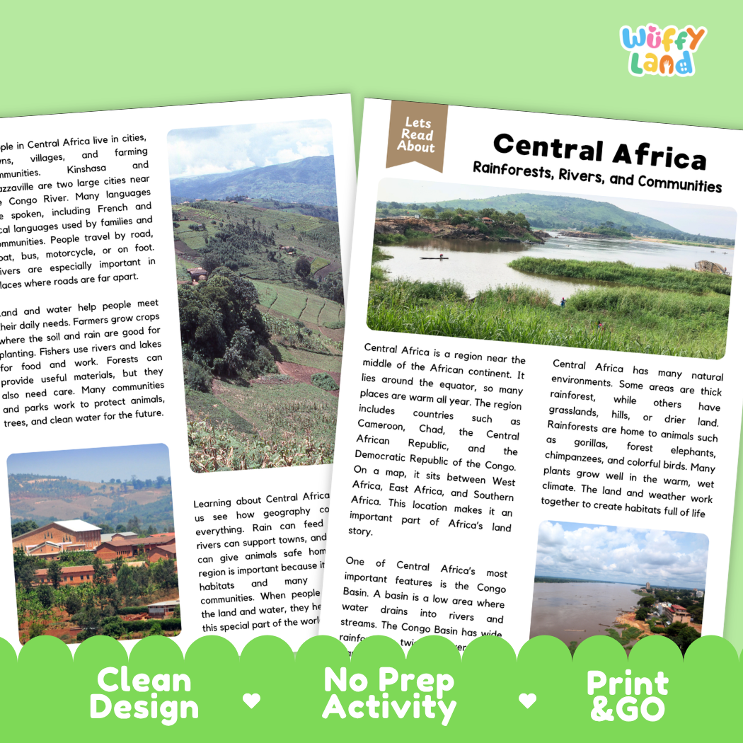 Teacher answer key page showing complete question solutions for Central Africa reading comprehension practice