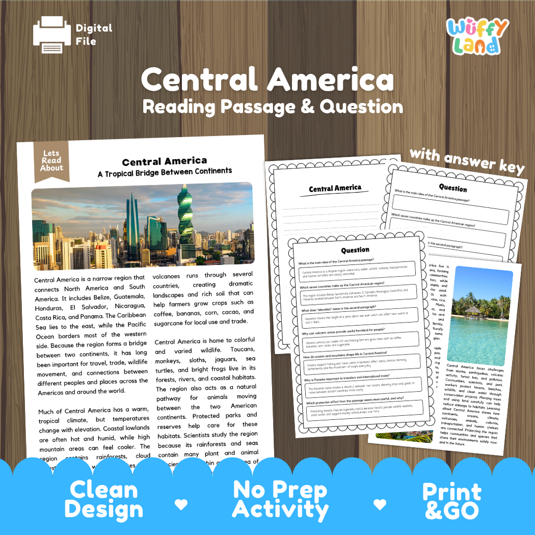 Central America reading comprehension passage and questions printable activity pack with answer key for elementary students