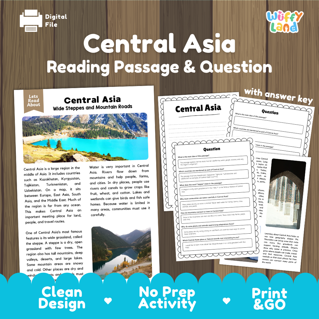 Central Asia reading comprehension passage and questions printable activity pack with answer key for elementary students