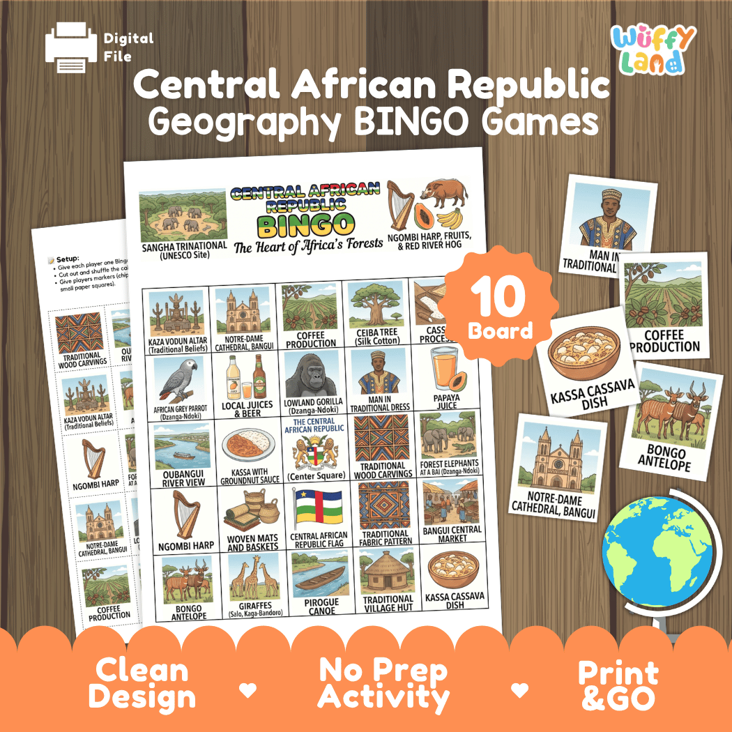 Central African Republic Geography BINGO Games Printable Country Study Activity Cards