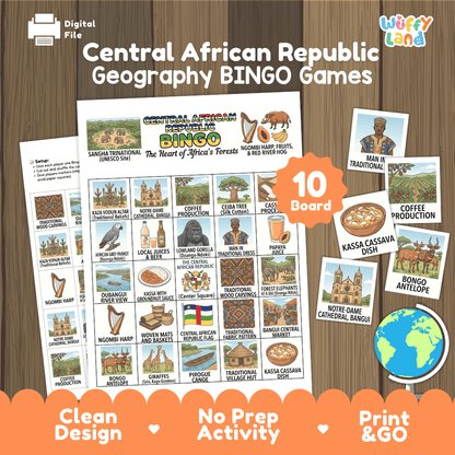 Central African Republic Geography BINGO Games Printable Country Study Activity Cards