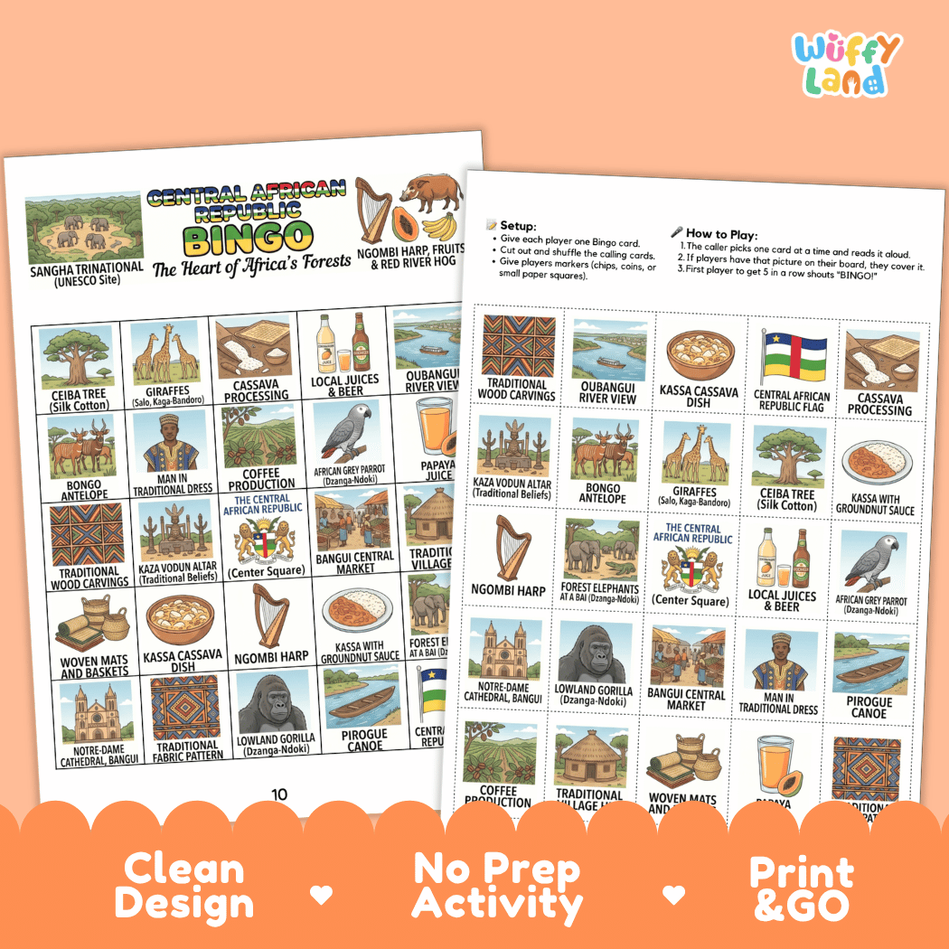 Central African Republic Geography BINGO Games Printable Country Study Activity Cards