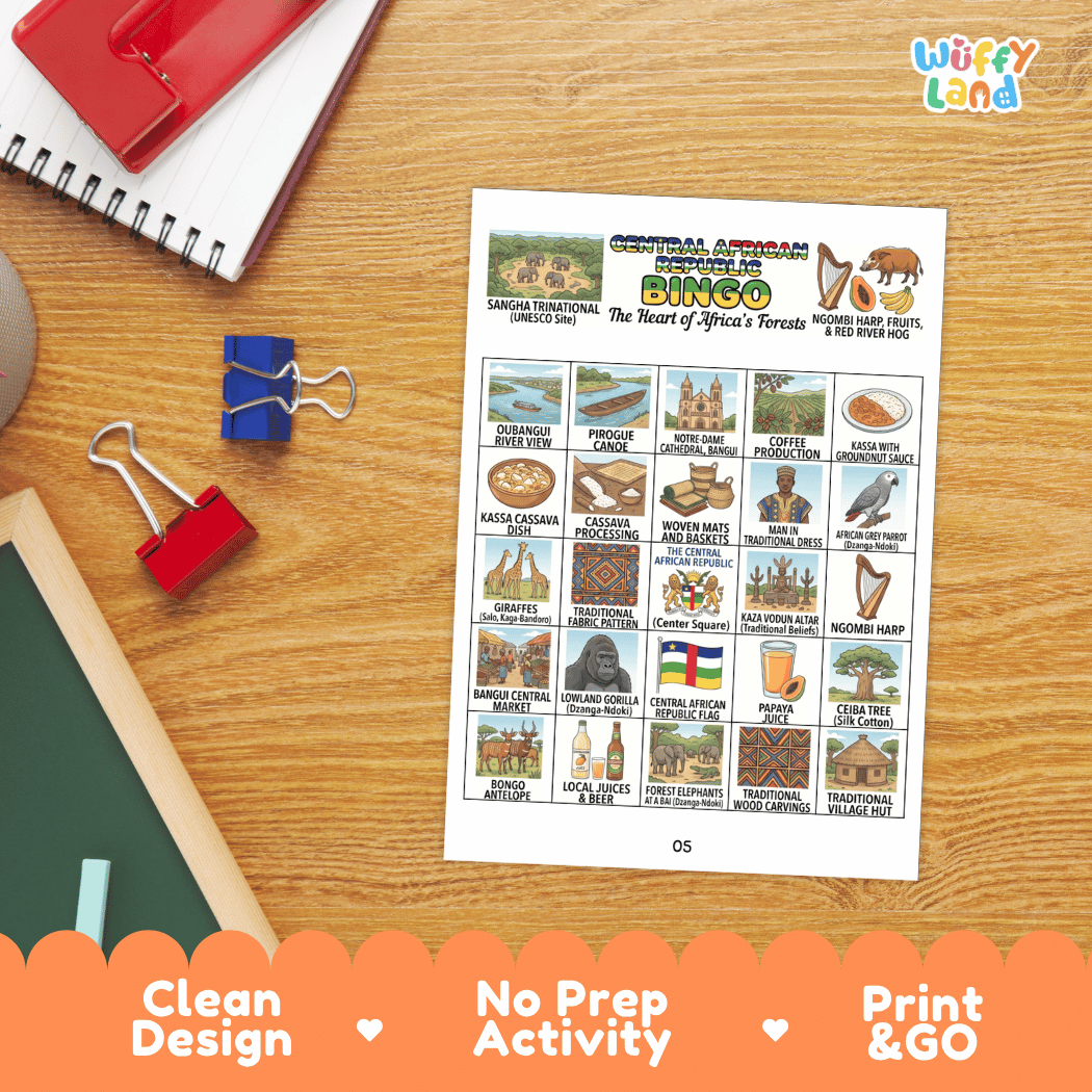 Central African Republic Geography BINGO Games Printable Country Study Activity Cards