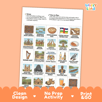 Central African Republic Geography BINGO Games Printable Country Study Activity Cards