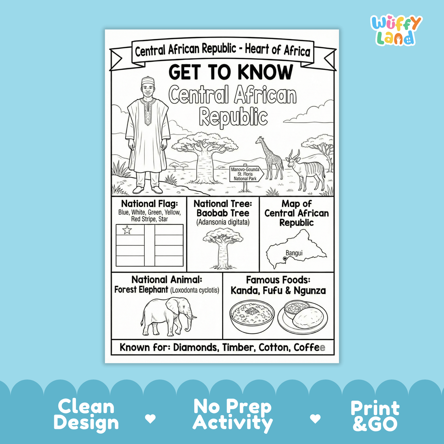 Central African Republic Country Study Geography Coloring Page Worksheet Activity