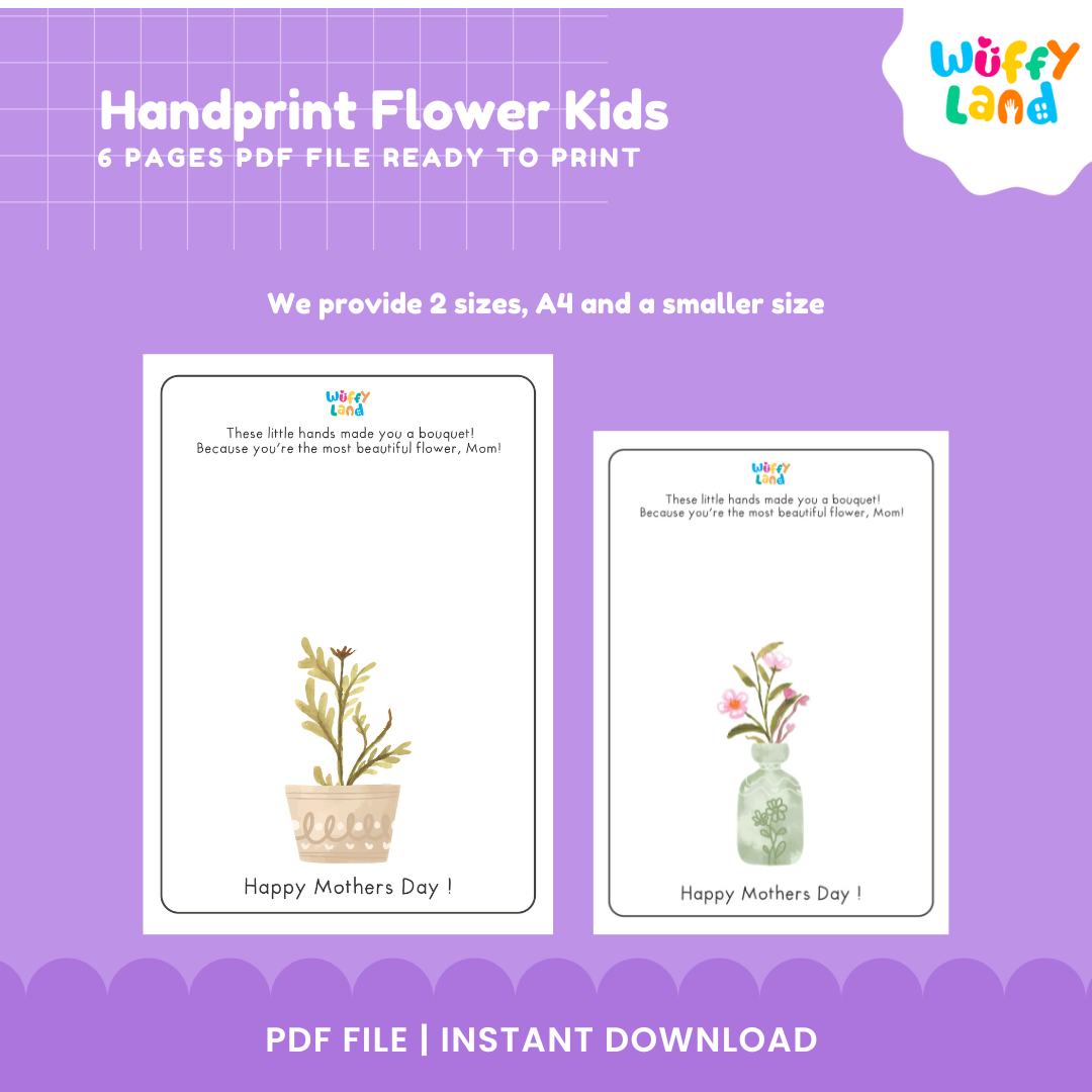 Printable Mother's Day flower keepsake template featuring yellow paint handprint atop leafy botanical stems in a ceramic pot 🪴🖐️