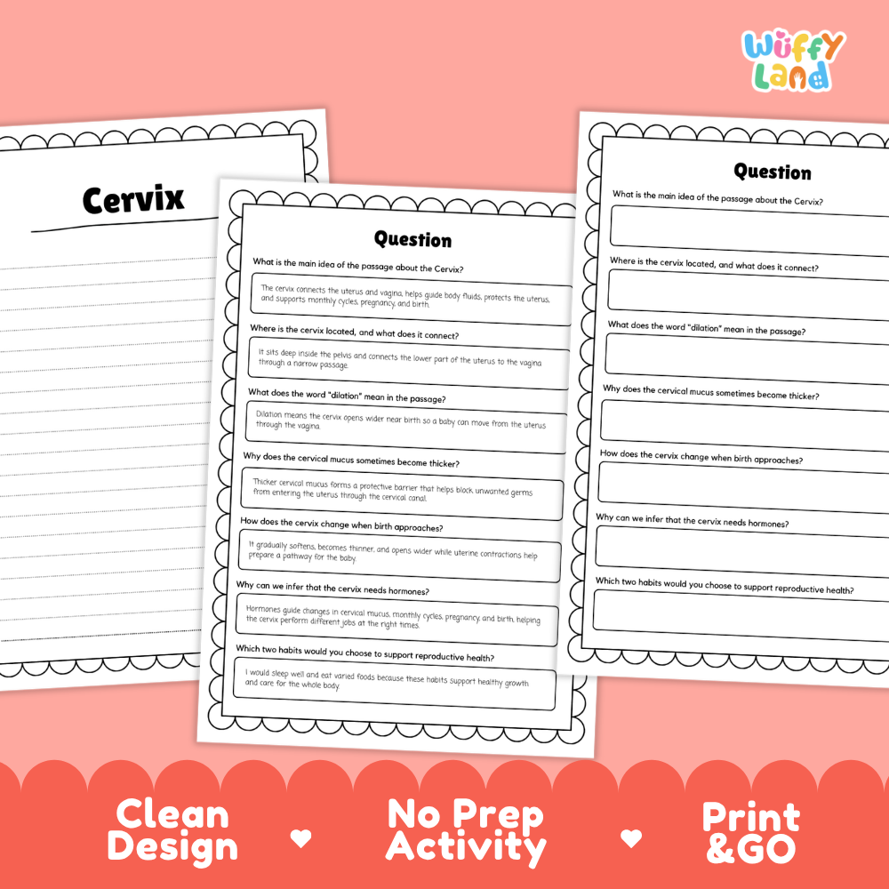 Informational reading passage page detailing the human cervix uterus connection cervical mucus dilation and health habits with diagrams