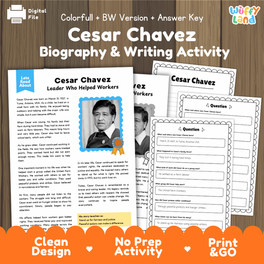 Digital printable activity sheet set for 'Cesar Chavez Biography & Writing Activity' by Uby Land, shown on a wood background with promotional text and an orange banner at the bottom.