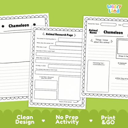 Three printable chameleon animal research activity sheets displayed on a bright green background with marketing text reading 'Clean Design', 'No Prep Activity', and 'Print & GO'. The sheets are white with black text and border lines, and the 'Wiffly Land' brand logo appears in the top right.