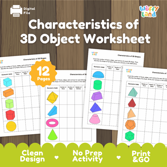 Characteristics of 3D object worksheets 12 pages overview from Wuffy Land featuring counting faces edges vertices tables 📦📐