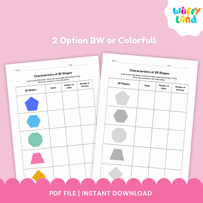 Educational worksheet set titled “Characteristics of 2D Shapes,” featuring two versions — one colorful and one black-and-white. Each page shows a table with various 2D shapes such as circles, triangles, squares, rectangles, and hexagons, where students fill in the name, number of sides, and number of vertices. A pink label reads “2 style,” and the footer says “Colorfull & BW Version + Answer Key.”