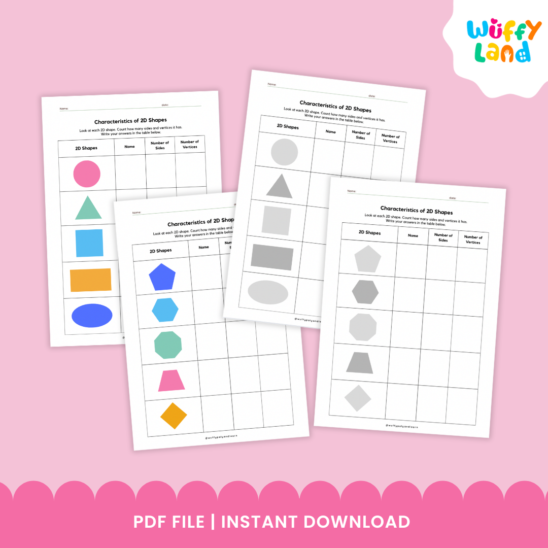 Educational worksheet set titled “Characteristics of 2D Shapes,” featuring two versions — one colorful and one black-and-white. Each page shows a table with various 2D shapes such as circles, triangles, squares, rectangles, and hexagons, where students fill in the name, number of sides, and number of vertices. A pink label reads “2 style,” and the footer says “Colorfull & BW Version + Answer Key.”