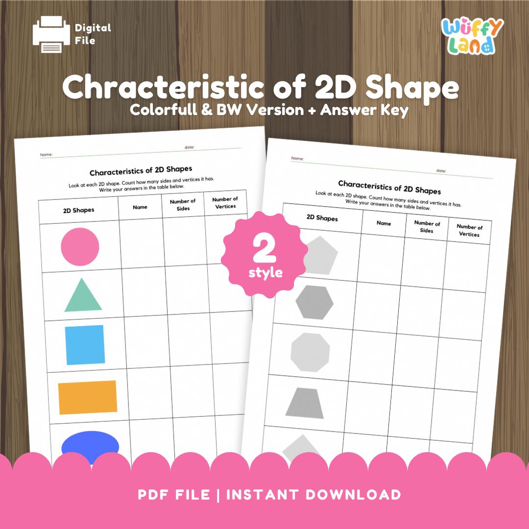 Educational worksheet set titled “Characteristics of 2D Shapes,” featuring two versions — one colorful and one black-and-white. Each page shows a table with various 2D shapes such as circles, triangles, squares, rectangles, and hexagons, where students fill in the name, number of sides, and number of vertices. A pink label reads “2 style,” and the footer says “Colorfull & BW Version + Answer Key.”