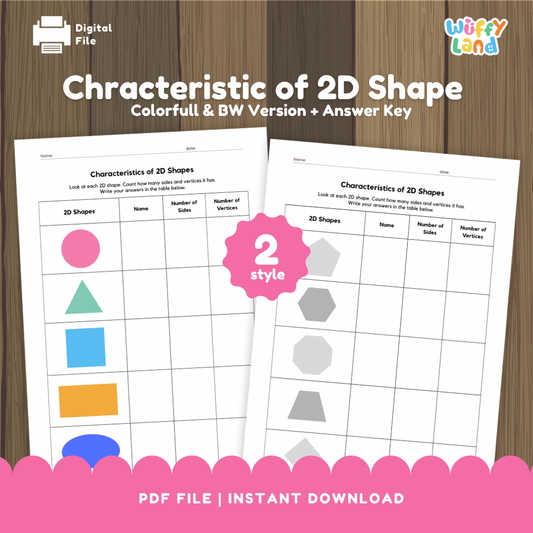 Educational worksheet set titled “Characteristics of 2D Shapes,” featuring two versions — one colorful and one black-and-white. Each page shows a table with various 2D shapes such as circles, triangles, squares, rectangles, and hexagons, where students fill in the name, number of sides, and number of vertices. A pink label reads “2 style,” and the footer says “Colorfull & BW Version + Answer Key.”