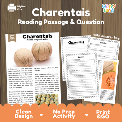 Charentais reading comprehension passage and questions printable activity pack with answer key for elementary students
