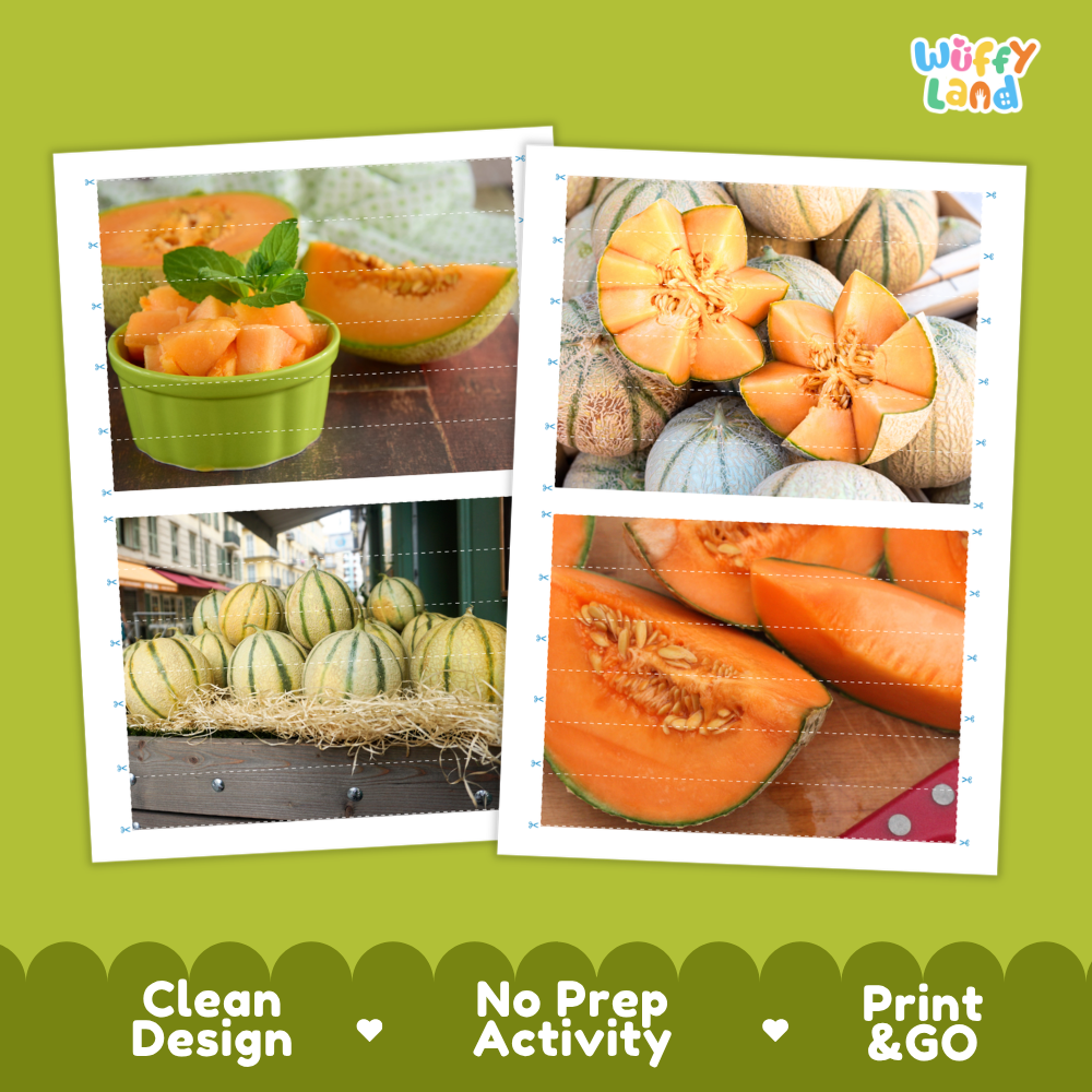 Printable activity sheets featuring photographic Charentais melon puzzle boards and cutting guides