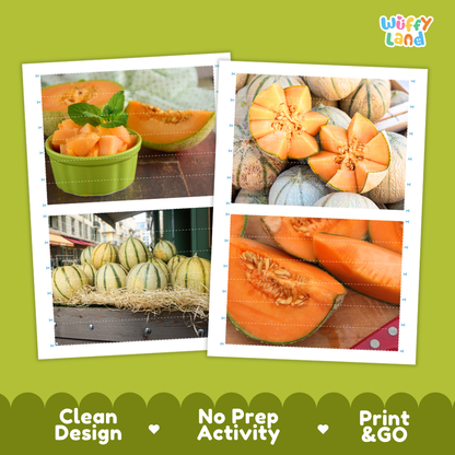 Printable activity sheets featuring photographic Charentais melon puzzle boards and cutting guides
