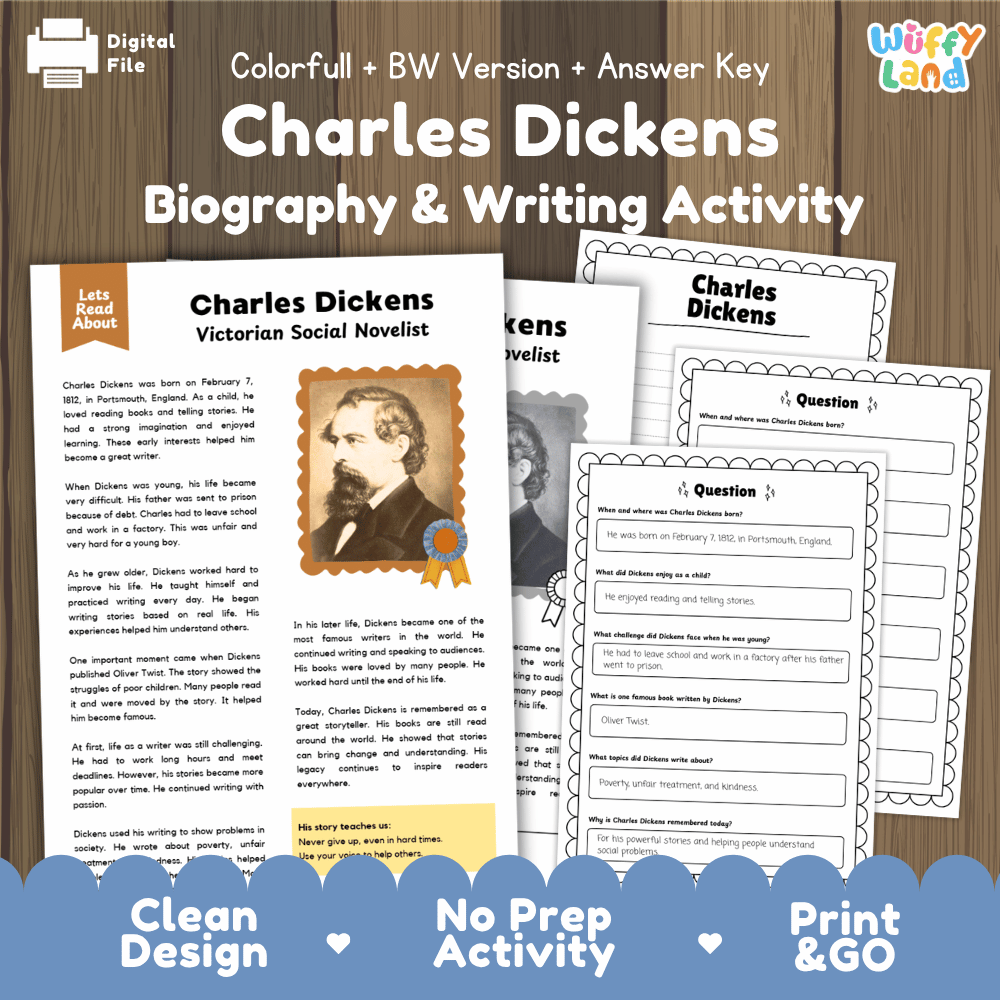 Charles Dickens biography and reading comprehension worksheets pack featuring passage, writing activity, and answer key