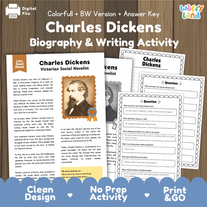 Charles Dickens biography and reading comprehension worksheets pack featuring passage, writing activity, and answer key