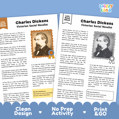 Lined writing activity page with decorative frame for student writing assignments about Charles Dickens