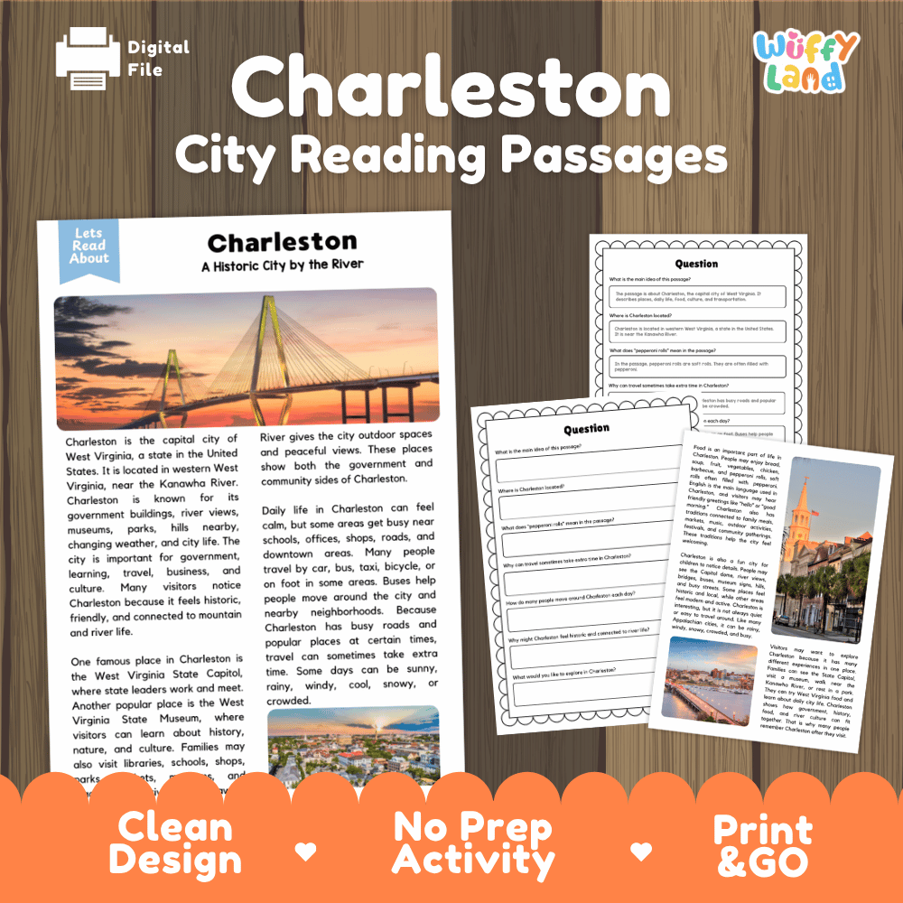 Charleston city reading passages and comprehension worksheet educational unit featuring nonfiction text and authentic Charleston West Virginia suspension bridge photography