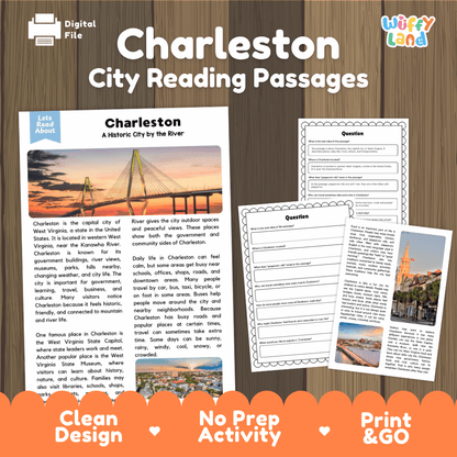 Charleston city reading passages and comprehension worksheet educational unit featuring nonfiction text and authentic Charleston West Virginia suspension bridge photography