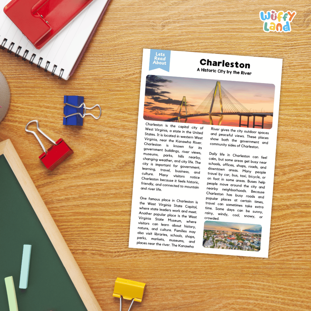 Lined reading comprehension question worksheet covering main ideas vocabulary terms and landmark facts about Charleston West Virginia
