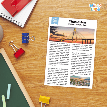 Lined reading comprehension question worksheet covering main ideas vocabulary terms and landmark facts about Charleston West Virginia
