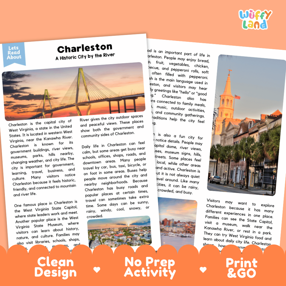 Reference sheet and answer key for Charleston landmark reading passage displaying completed comprehension answers and United States geography facts