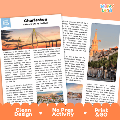 Reference sheet and answer key for Charleston landmark reading passage displaying completed comprehension answers and United States geography facts