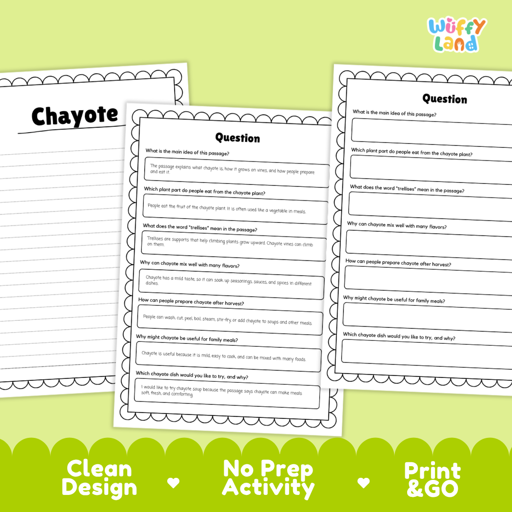 Informational reading passage page detailing chayote fruit anatomy climbing vines trellises harvesting and cooking uses with photos