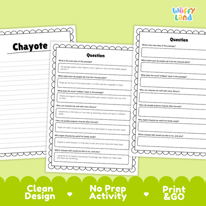 Informational reading passage page detailing chayote fruit anatomy climbing vines trellises harvesting and cooking uses with photos