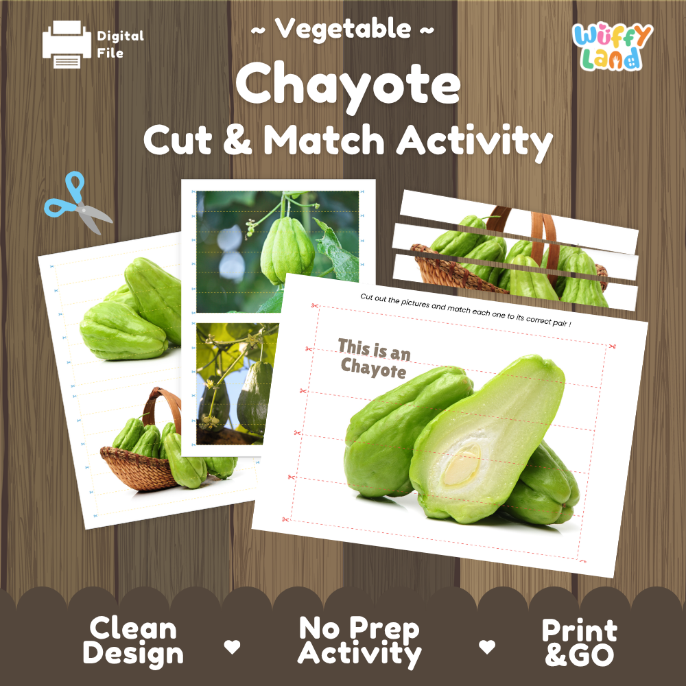 Chayote cut and match activity cover showing printable fine motor puzzle sheets and vegetable photographs