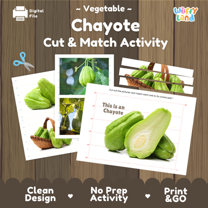 Chayote cut and match activity cover showing printable fine motor puzzle sheets and vegetable photographs