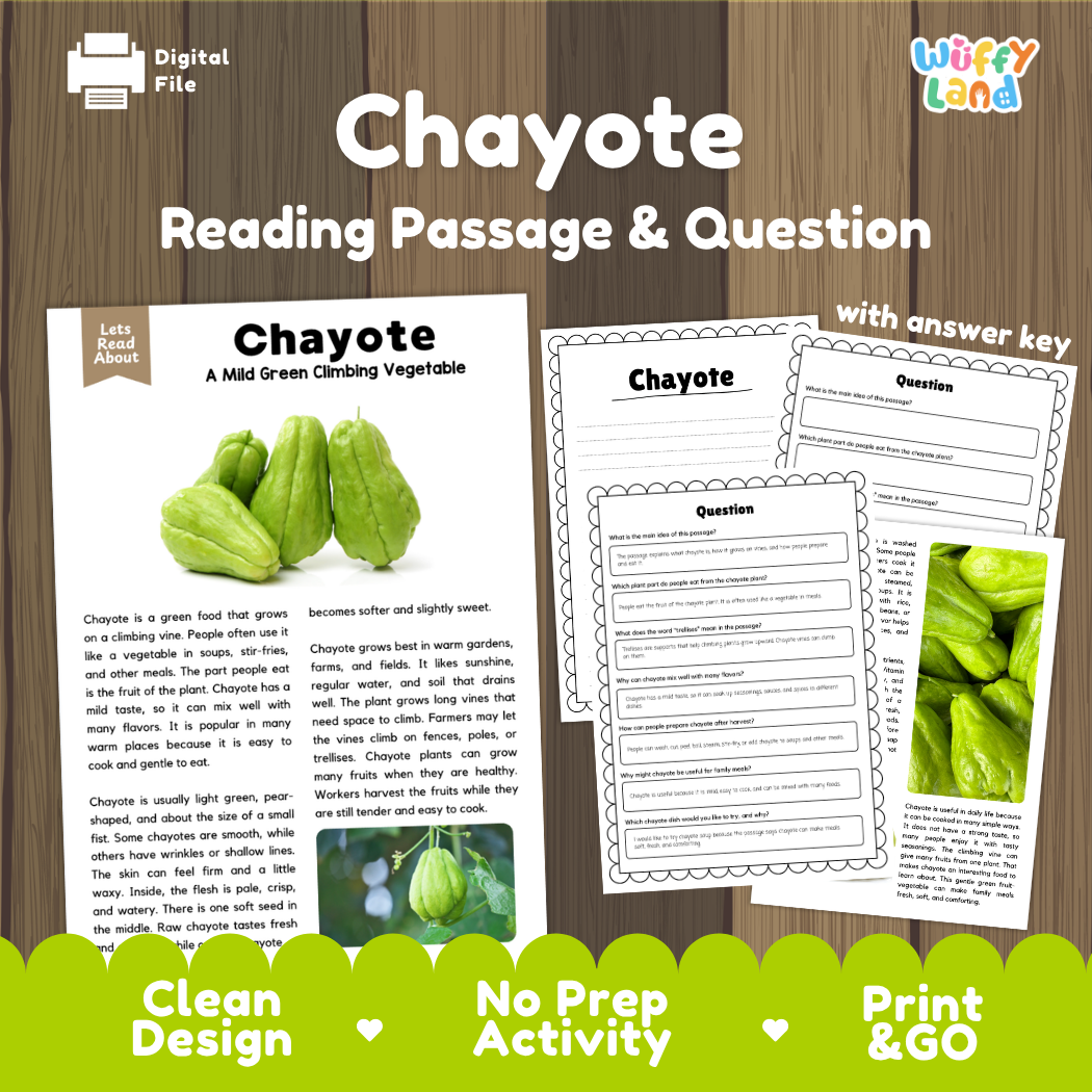 Chayote reading comprehension passage and questions printable activity pack with answer key for elementary students