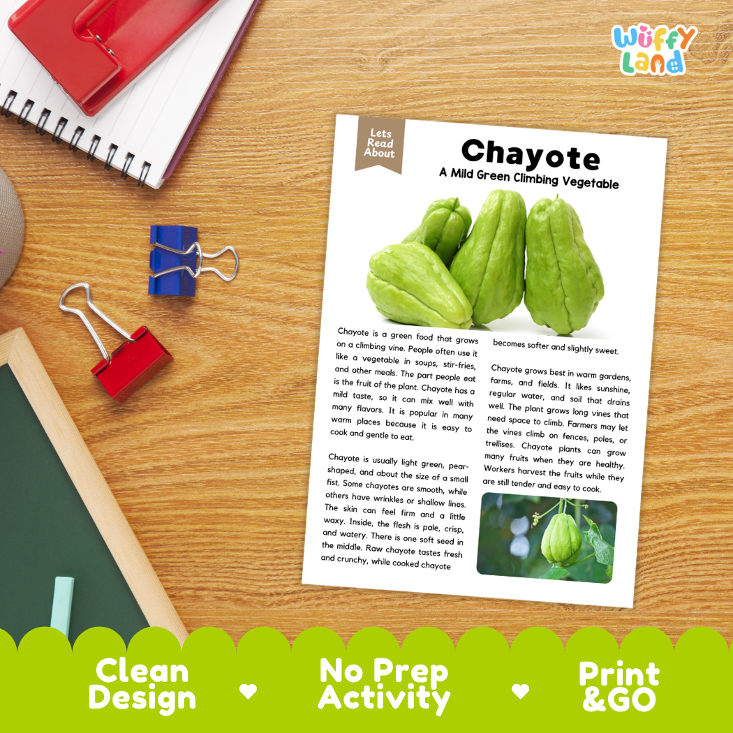 Student reading comprehension worksheet with short-answer questions and lined sections about chayote vegetables