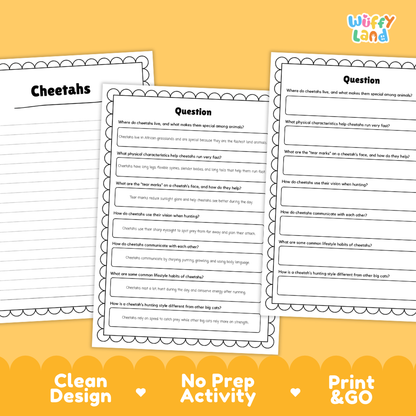 Cheetahs Reading Passage and Comprehension Questions Worksheets