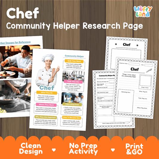 Chef community helper research page writing worksheets pack featuring real photos and student activity pages for elementary social studies and culinary arts