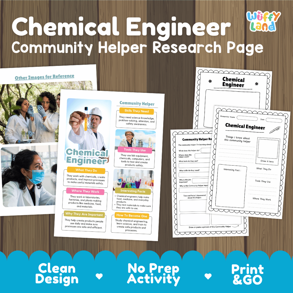 Chemical engineer community helper research page writing worksheets pack featuring real photos and student activity pages for elementary social studies and STEM