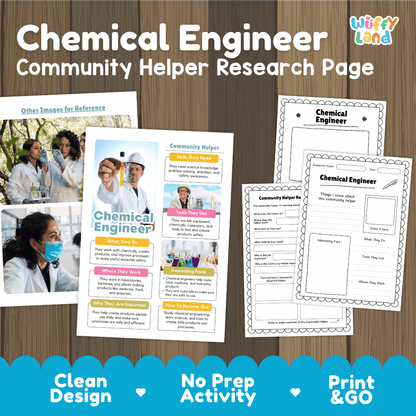 Chemical engineer community helper research page writing worksheets pack featuring real photos and student activity pages for elementary social studies and STEM
