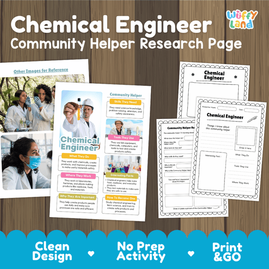 Chemical engineer community helper research page writing worksheets pack featuring real photos and student activity pages for elementary social studies and STEM