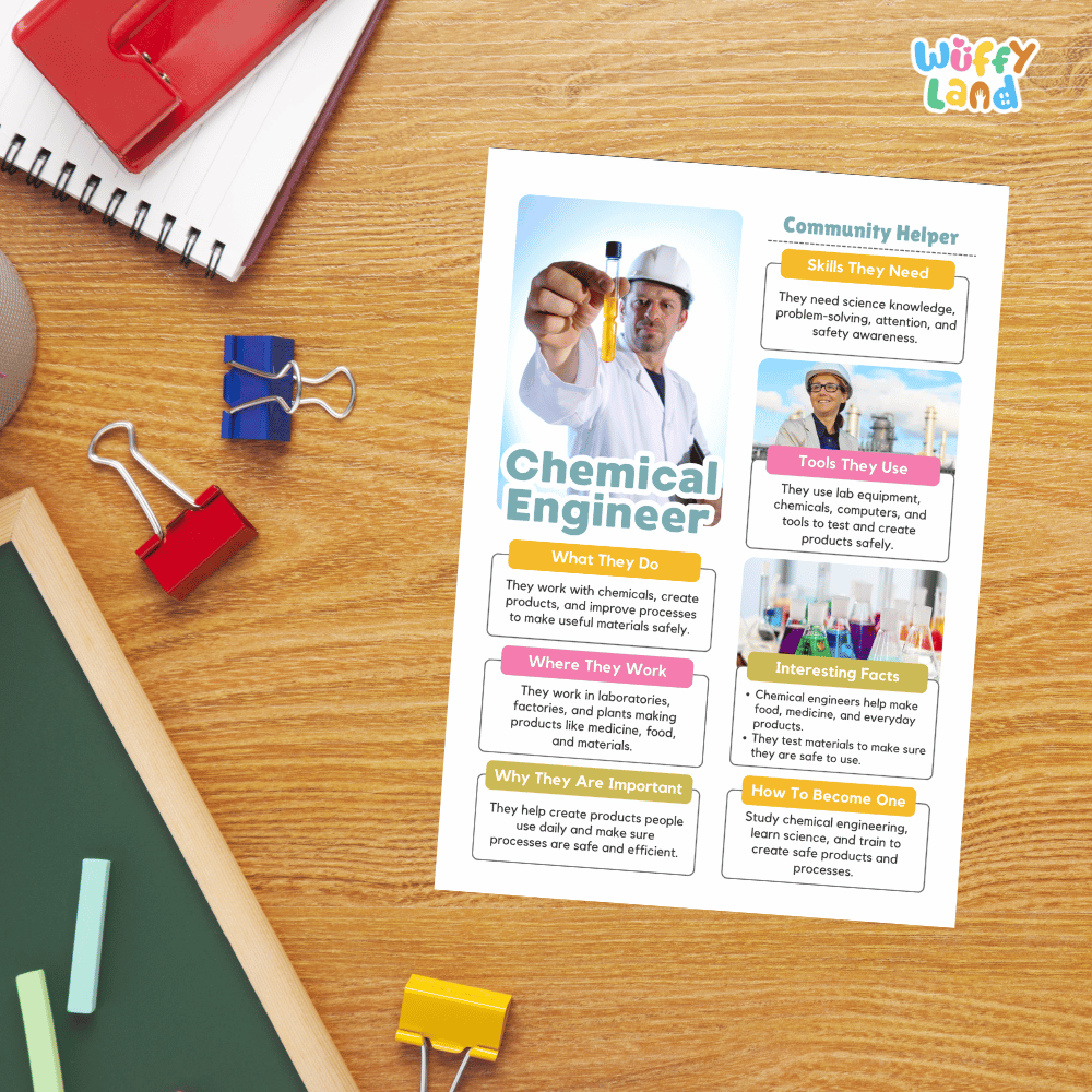 Guided student writing worksheets with lined sections for recording facts and a dedicated box for drawing or pasting a picture of a chemical engineer