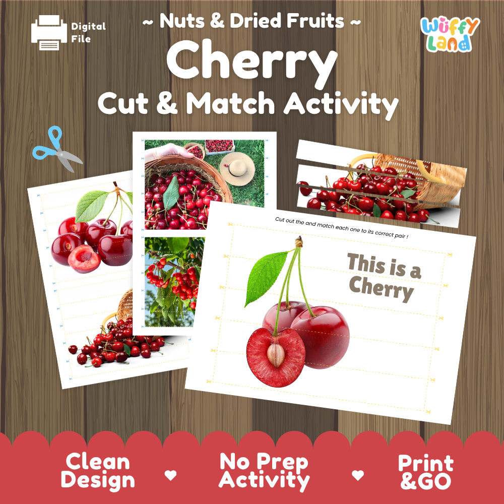 Cherry cut and match activity cover showing printable fine motor puzzle sheets and fruit photographs