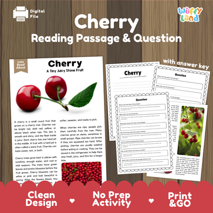 Cherry reading comprehension passage and questions printable activity pack with answer key for elementary students