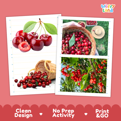 Printable activity sheets featuring photographic cherry puzzle boards and cutting guides